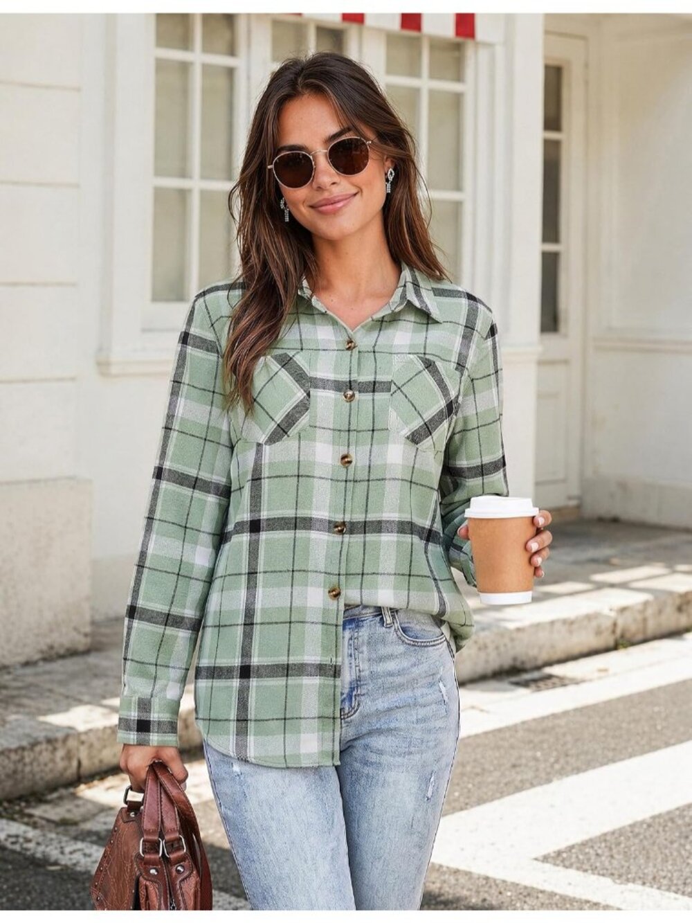 Women's Green Plaid Long Sleeve Button Down Imported Tops Work Blouse - Picture 4 of 5